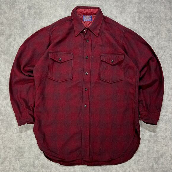 VTG 60s Pendleton burgundy shadow plaid wool button up shacket mens M (16)